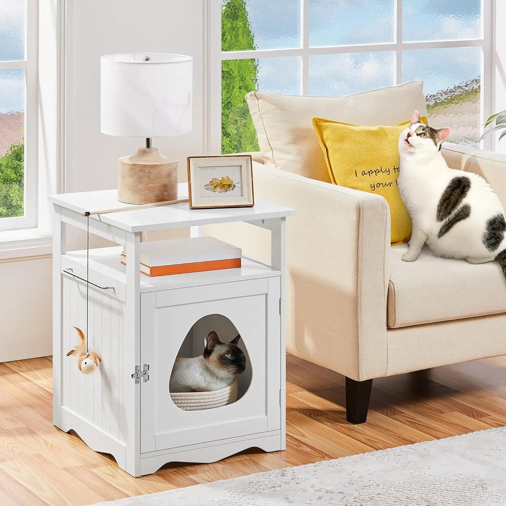 Hidden Cat Litter Box End Table with Open Shelf (White)