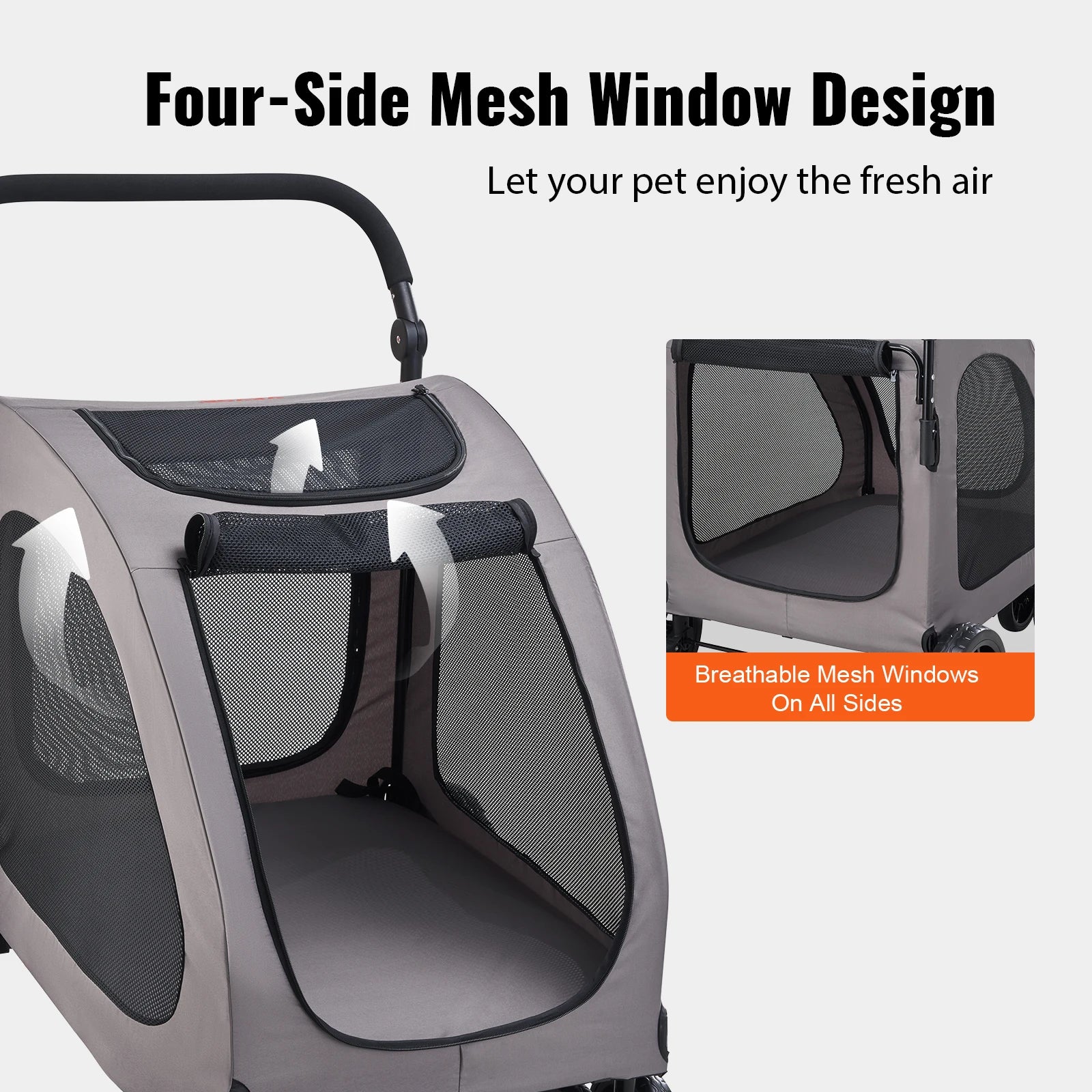 Portable Pet Stroller Carrier with Breathable Mesh Windows & Height-Adjustable Handle for Cats & Dogs