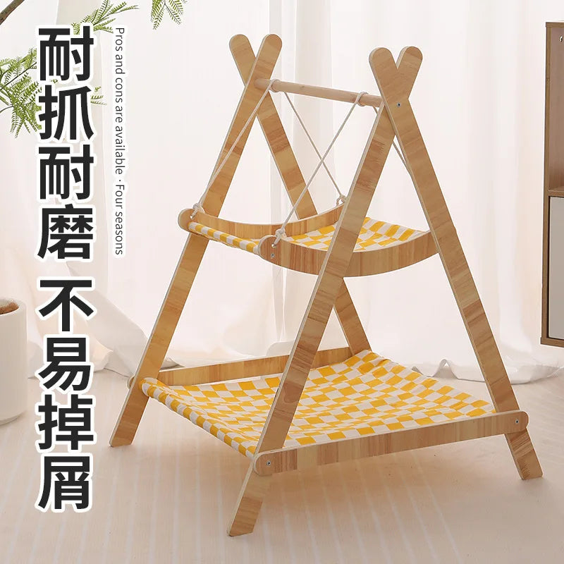 Solid Wood Double-Layer Cat Hammock Swing