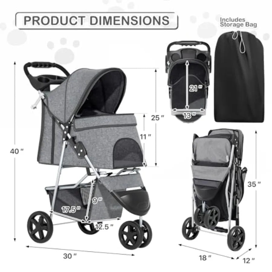 3-Wheel Lightweight Foldable Jogger Pet Stroller with Storage Basket for Small & Medium Dogs & Cats