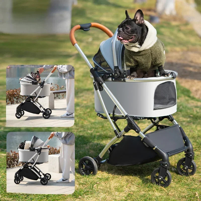 Multi-Ventilated High-View Pet Stroller with Detachable Basket & Car Travel Bag