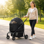 Large Dog Wagon Stroller with Adjustable Handle, Mesh Windows & Storage