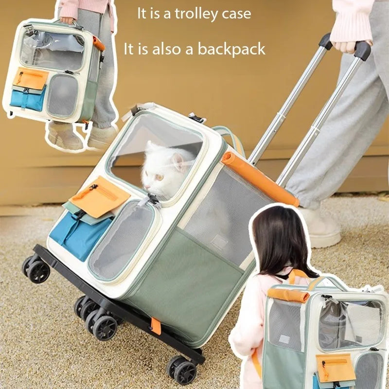 Wheeled Pet Carrier Backpack with Feeding Window & Large Storage