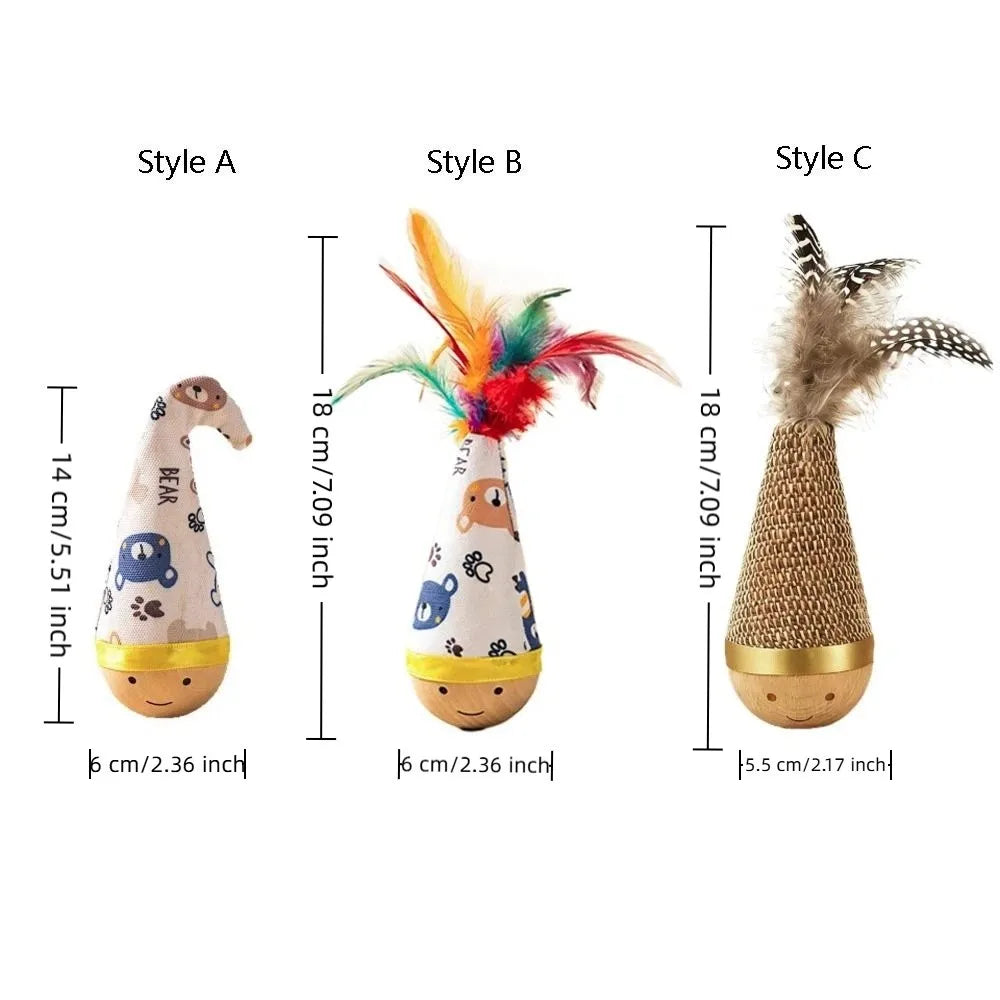 Cartoon Pattern Cat Tumbler Wobbler Toy with Feather — Bite-Resistant Kitten Wobble Ball