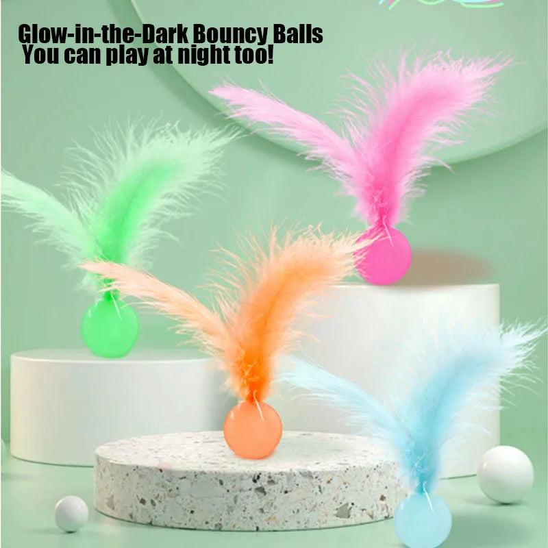 Feather Stick Bouncy Ball Cat Toy with Catnip — Feather Tossing Ball for Interactive Play