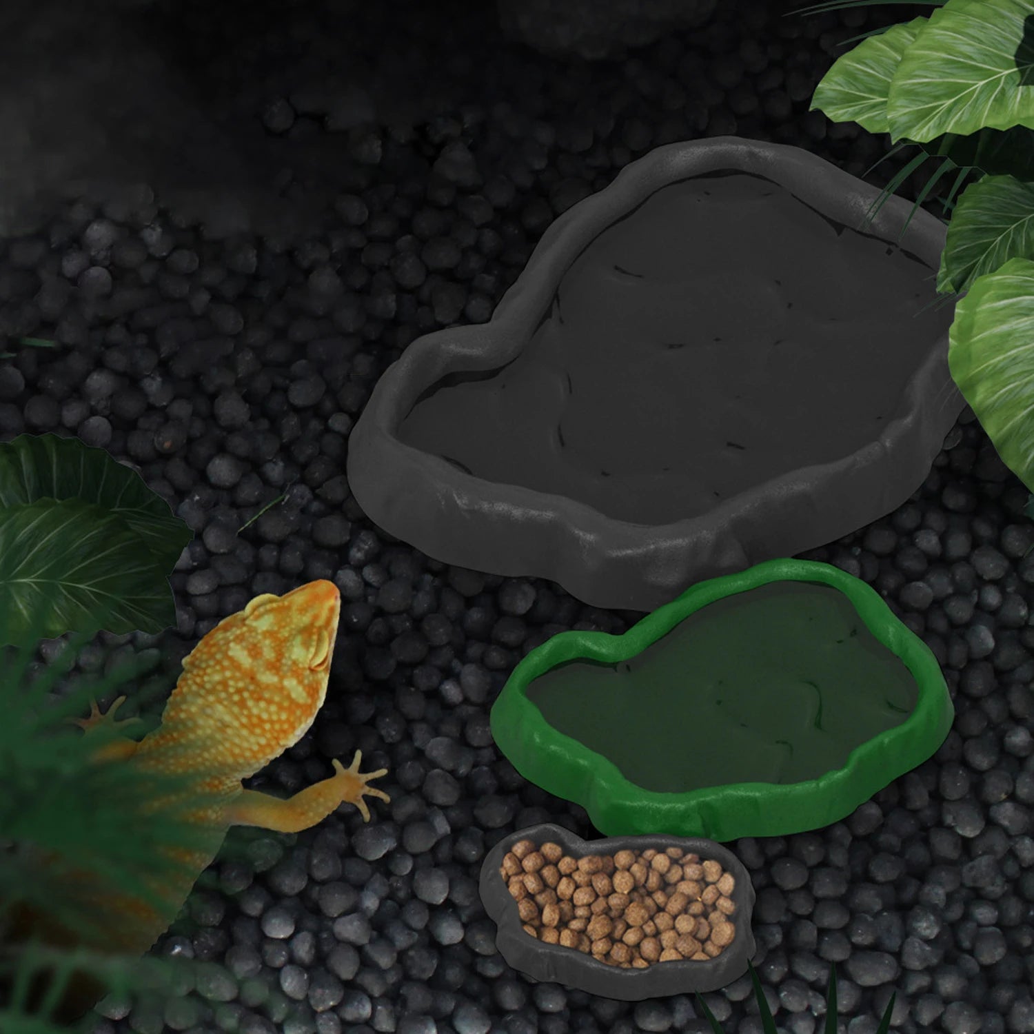2-Pack Imitation Rock Feeder Bowls — Reptile Food & Water Dishes