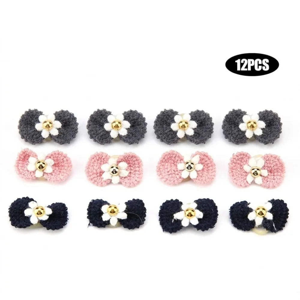 Yarn Bow Pet Hair Ties 12-Pack (Elastic Band, Soft, Various Colors)