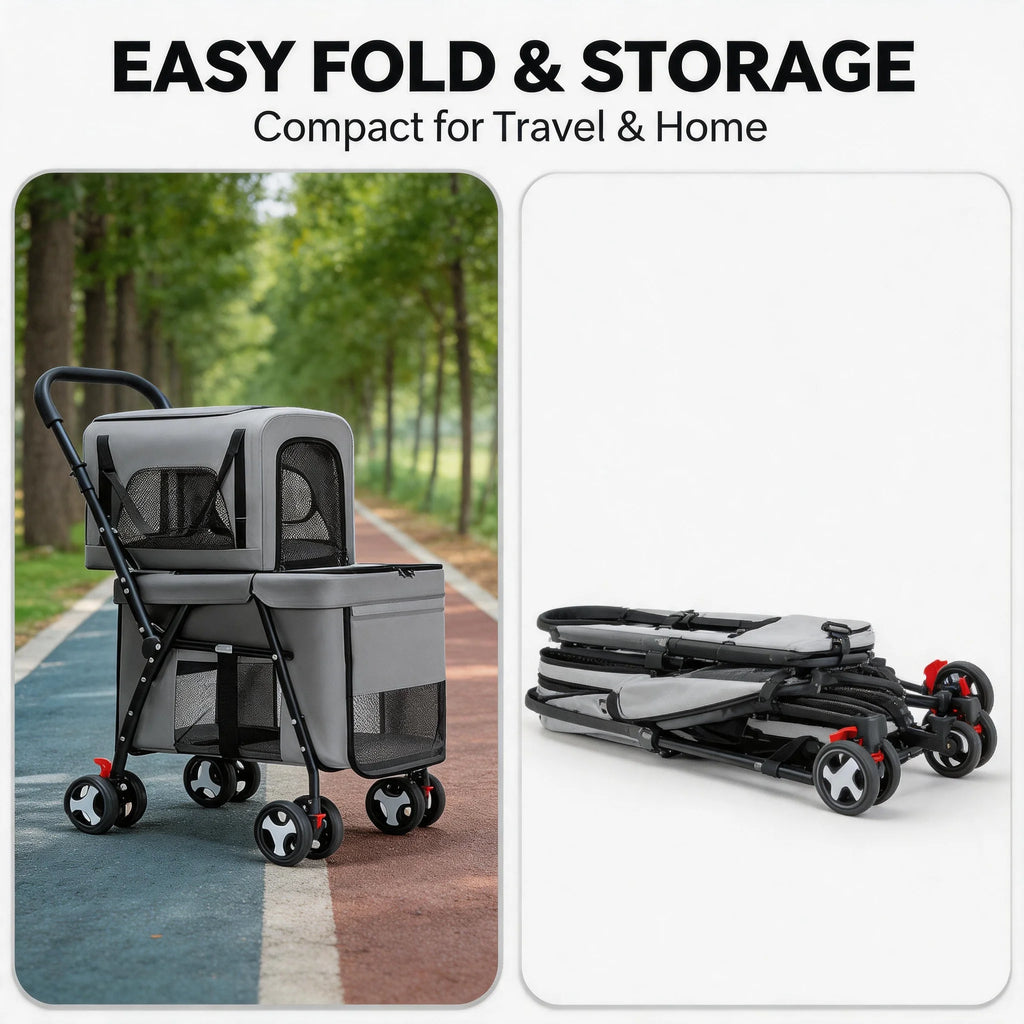 Quick-Folding Double Pet Stroller with Detachable Carriers for Two Pets