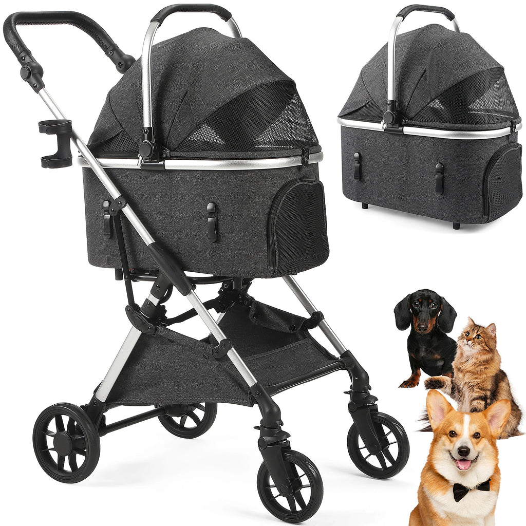4-Wheel Pet Stroller with Detachable Carrier (Foldable, 50 lbs)