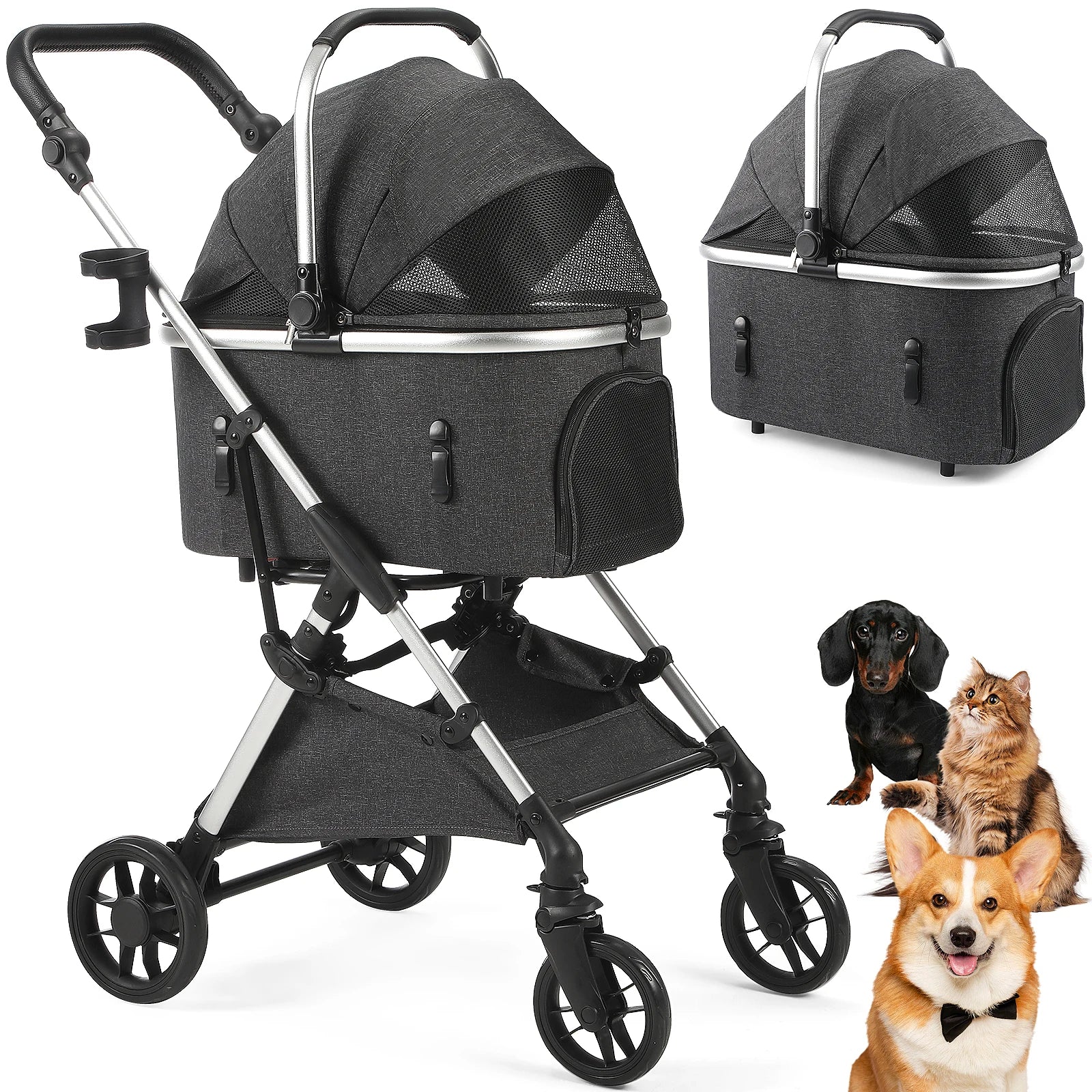 4-Wheel Pet Stroller with Detachable Carrier (Foldable, 50 lbs)