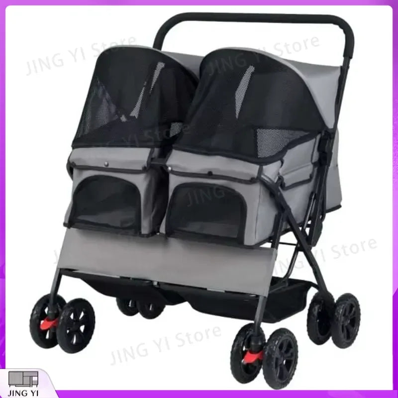 Foldable Double Pet Stroller with Adjustable Sunshade & Storage Basket