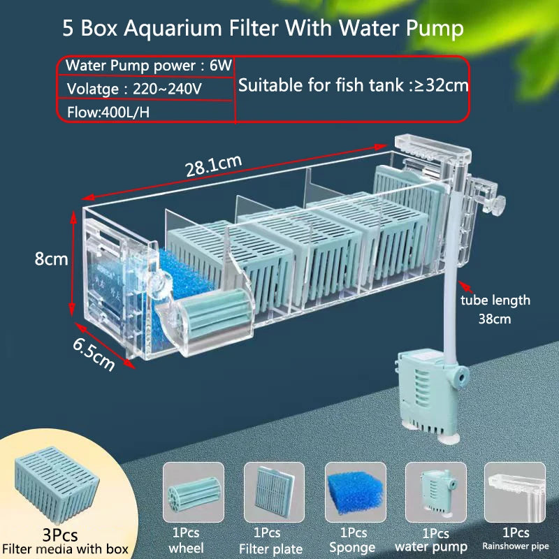 Wall-Mounted Waterfall Aquarium Filter Box (Silent, Built-In, Back Filter)
