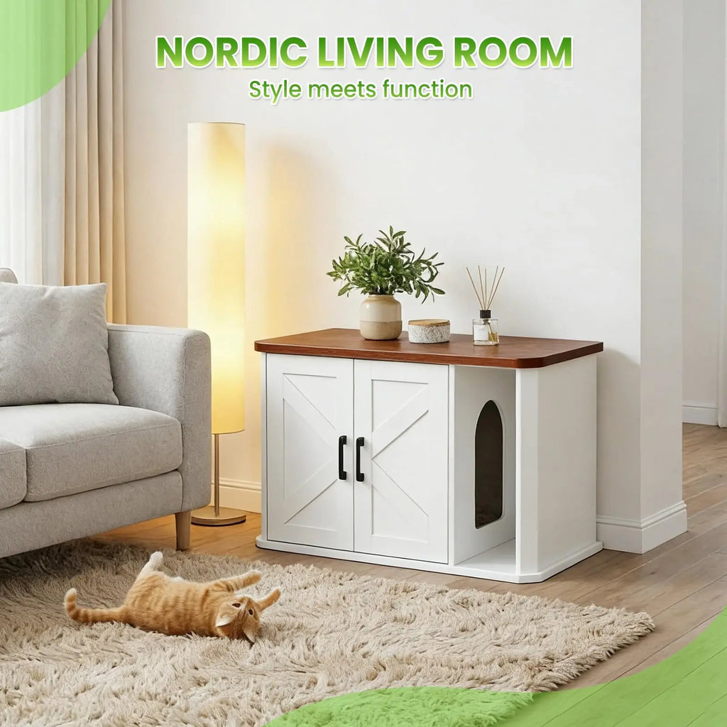 Side-Entry Wooden Cat Litter Box Cabinet with Double Doors
