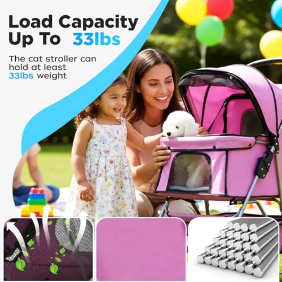 4-Wheel Foldable Lightweight Pet Stroller with Cup Holder for Small & Medium Dogs & Cats