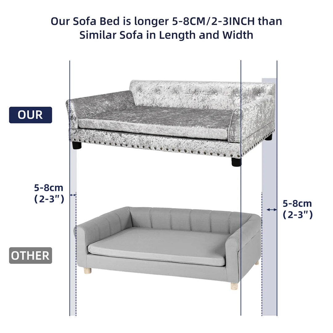 Deluxe Silver Velvet Dog Couch Sofa with Removable Cushion
