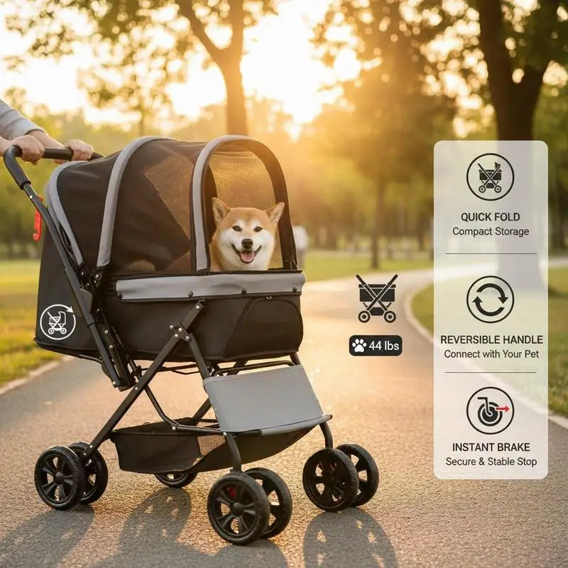 4-Wheel Pet Travel Carriage with Reversible Handle & Mesh Windows — 44 lb Capacity