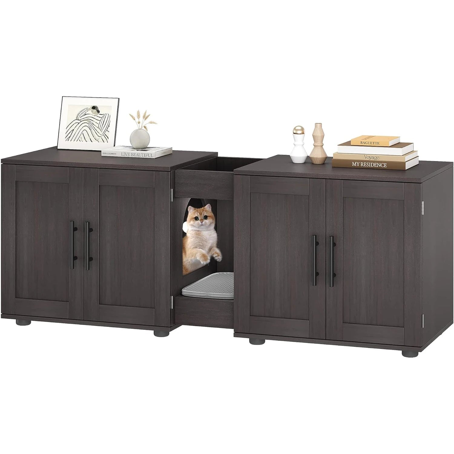 3-in-1 Wooden Cat Litter Box Cabinet with Scratching Pad