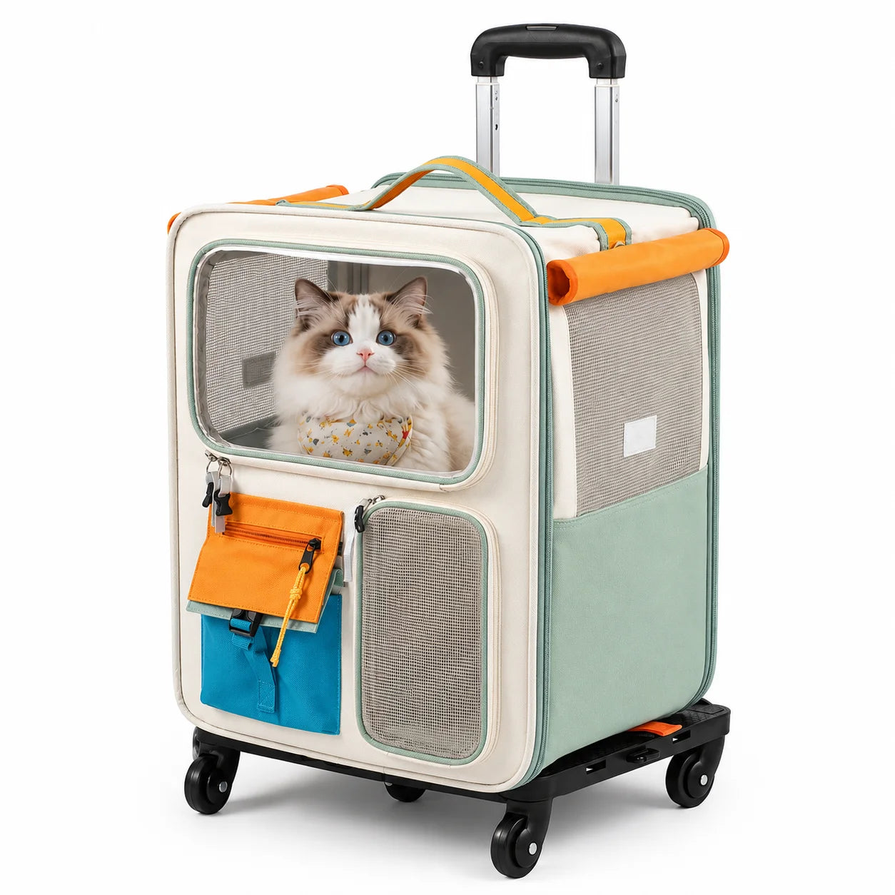 2-in-1 Rolling Cat Carrier with Wheels & Telescopic Handle — Clear Window Breathable Pet Travel Bag