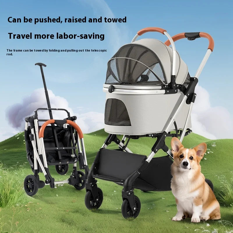 Lightweight Foldable 4-Wheel Pet Stroller for Medium, Large Dogs & Teddy Breeds