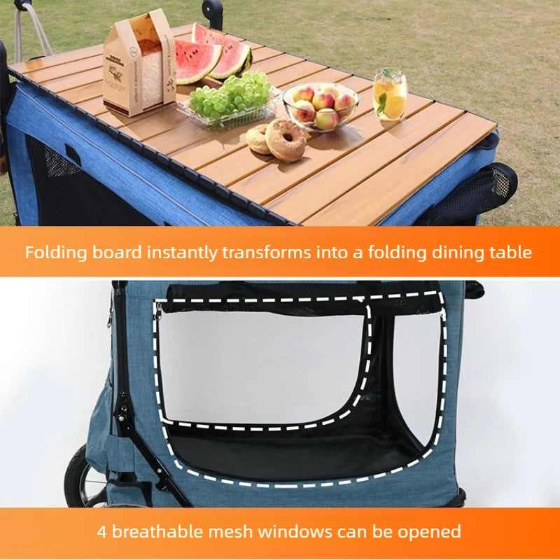 Multifunctional Camping Cart & Large Pet Stroller Trolley with Wooden Table Top for Dogs