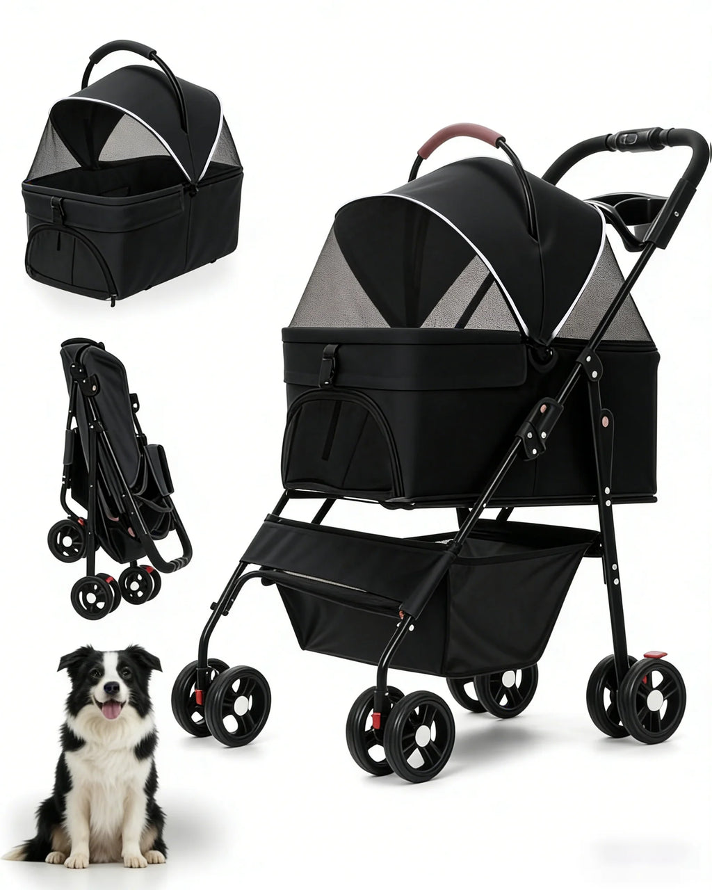 2-in-1 Dog Stroller & Carrier (Detachable, 4-Wheel, Foldable, Lightweight)