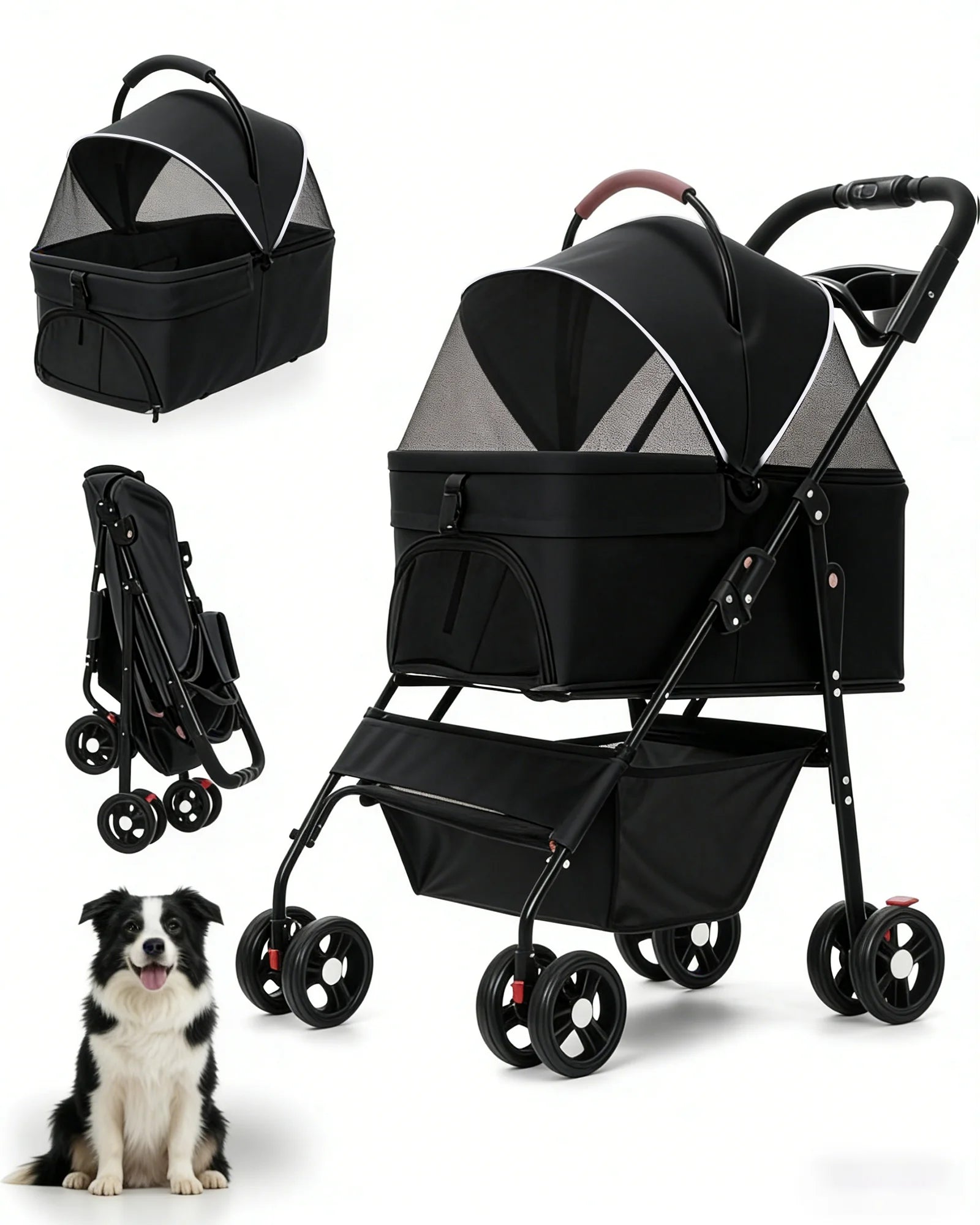 2-in-1 Dog Stroller & Carrier (Detachable, 4-Wheel, Foldable, Lightweight)