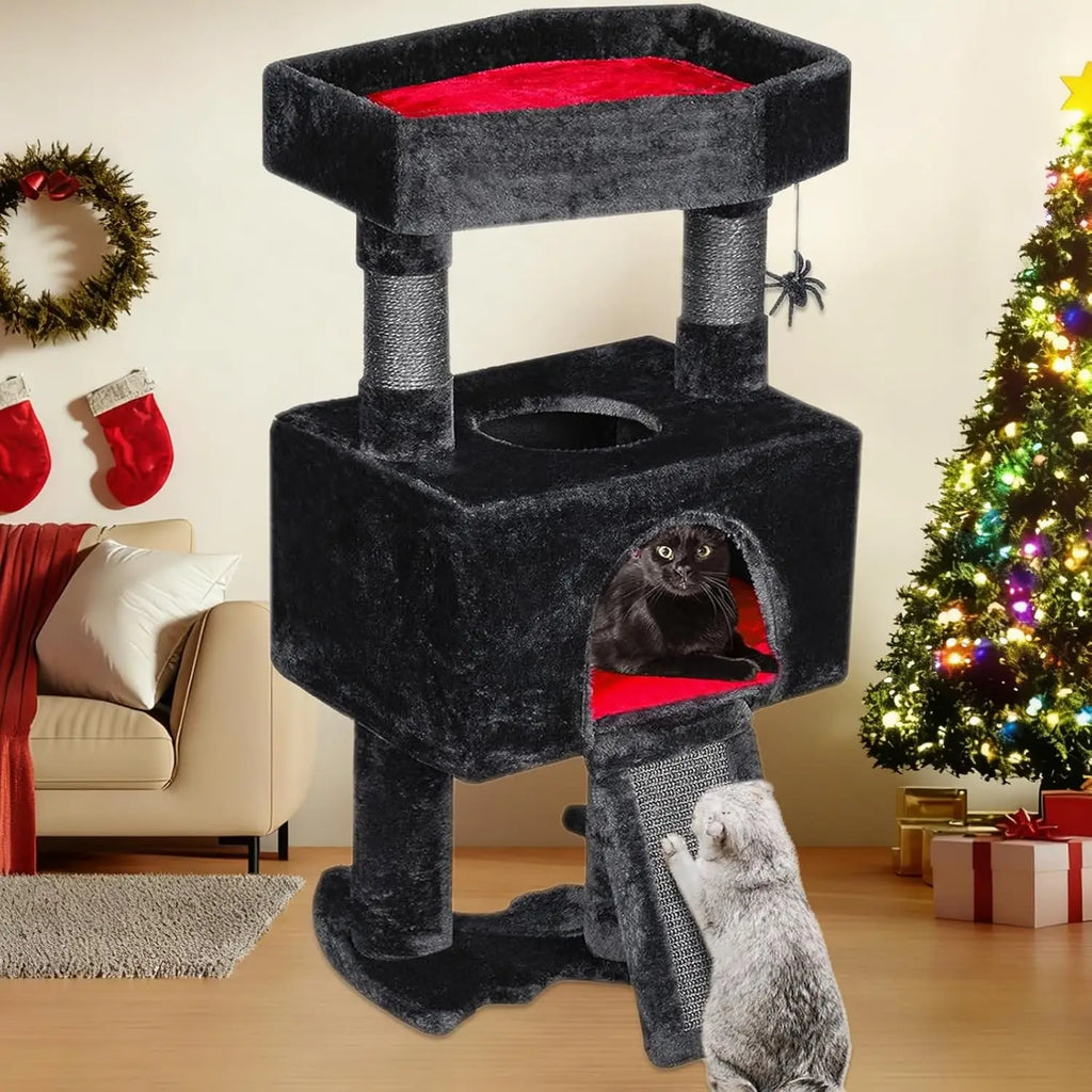 Gothic Cat Tree Tower with Coffin Bed, 33.6in, Black & Red