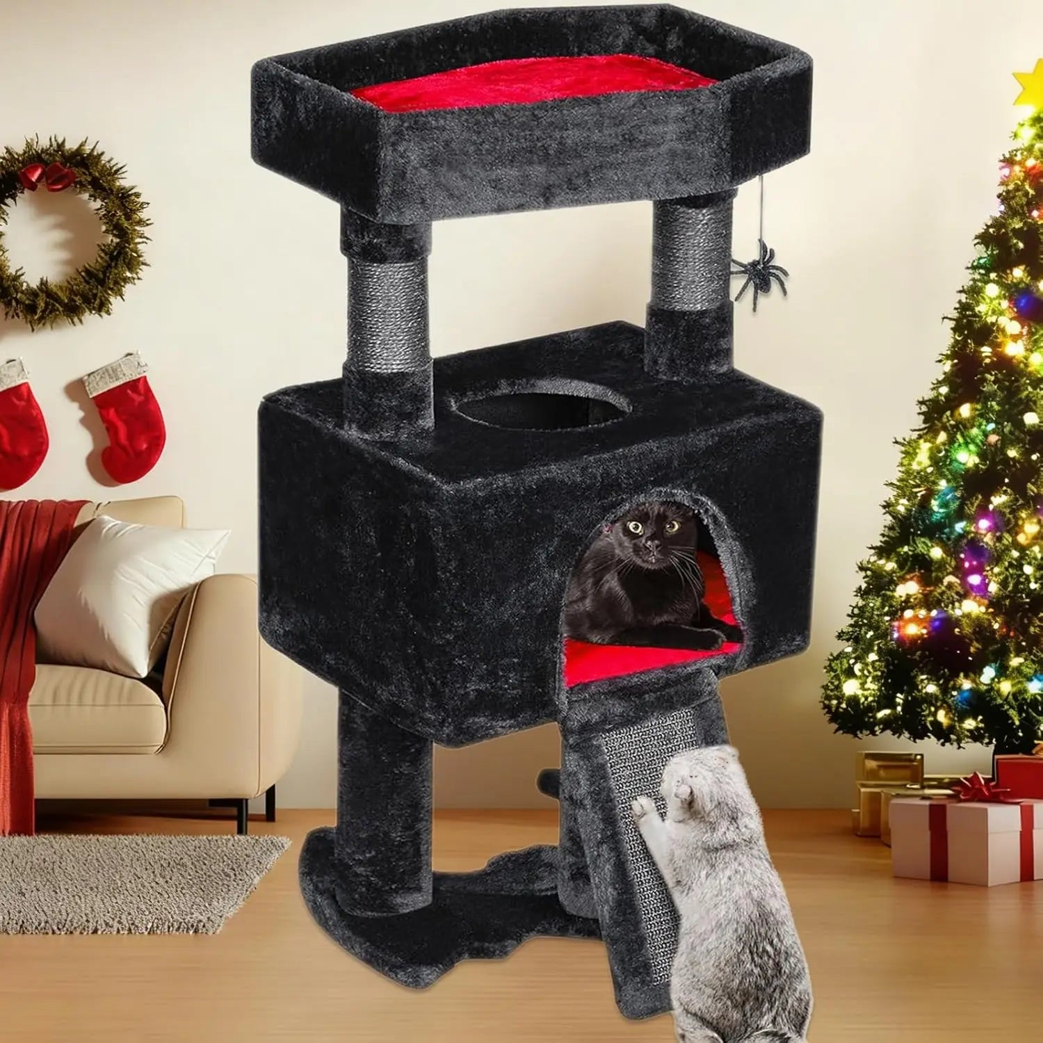 Gothic Cat Tree Tower with Coffin Bed, 33.6in, Black & Red