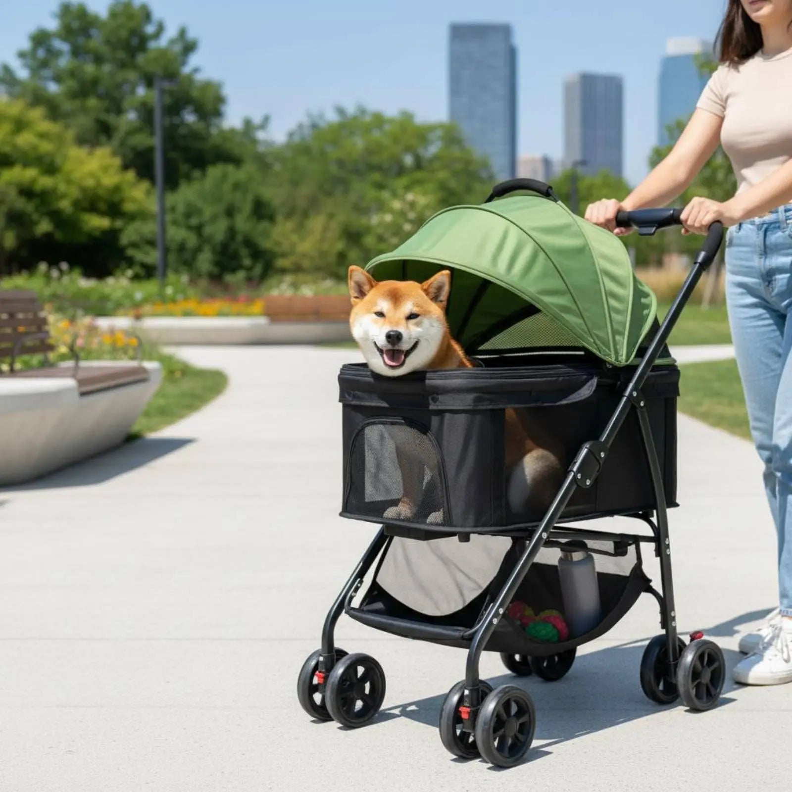 Lightweight Foldable Pet Carrier with Full-Rotation Wheels & Detachable Carrier for Dogs & Cats