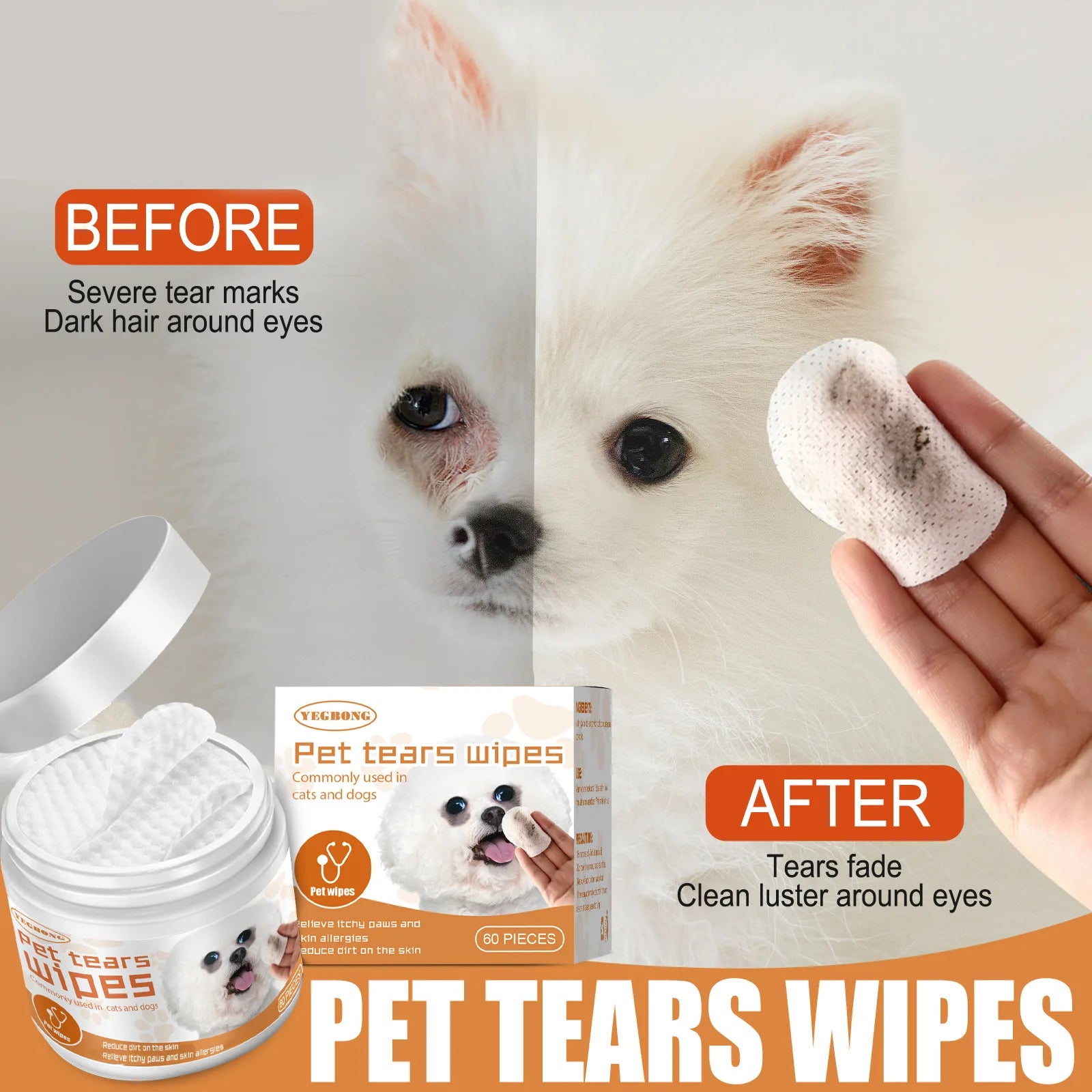 Pet Eye & Tear Stain Wipes — 60-Count Gentle Cleaning Pads