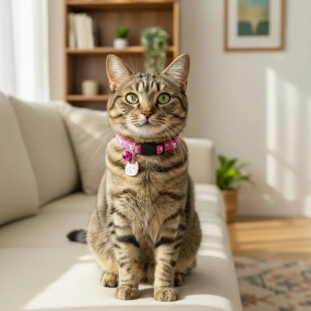Quick-Release Safety Cat Collar — Cat Face Pendant & Bell