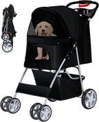4-Wheel Pet Stroller for Small Dogs & Cats with Breathable Mesh, Cup Holder & Storage Basket — Black