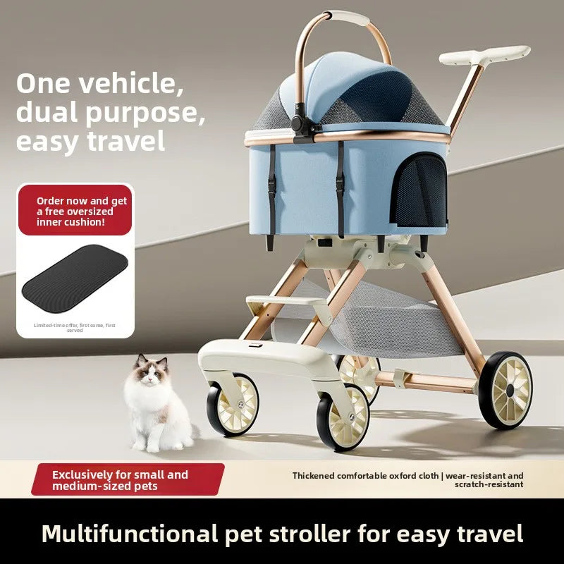 Aluminum Alloy Foldable Pet Stroller with Detachable Carrier for Cats & Dogs