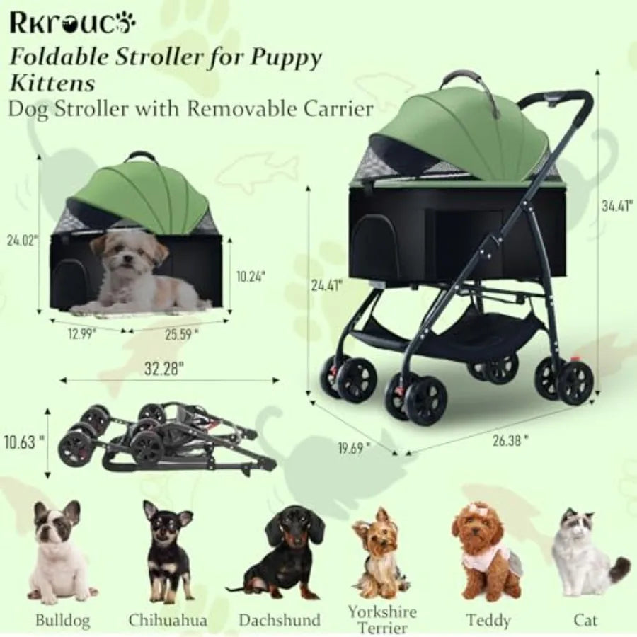 3-in-1 Multifunction 4-Wheel Folding Dog Stroller with Detachable Carrier