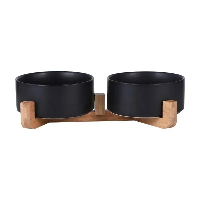 Elevated Ceramic Pet Bowl with Wood Stand