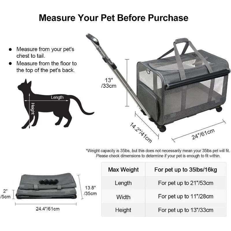 Large Rolling Pet Carrier with Wheels up to 30lbs (Breathable, Collapsible)