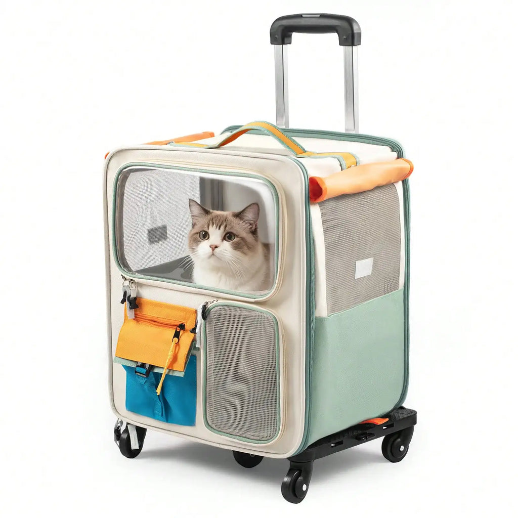 2-in-1 Rolling Cat Carrier with Wheels & Telescopic Handle — Clear Window Breathable Pet Travel Bag