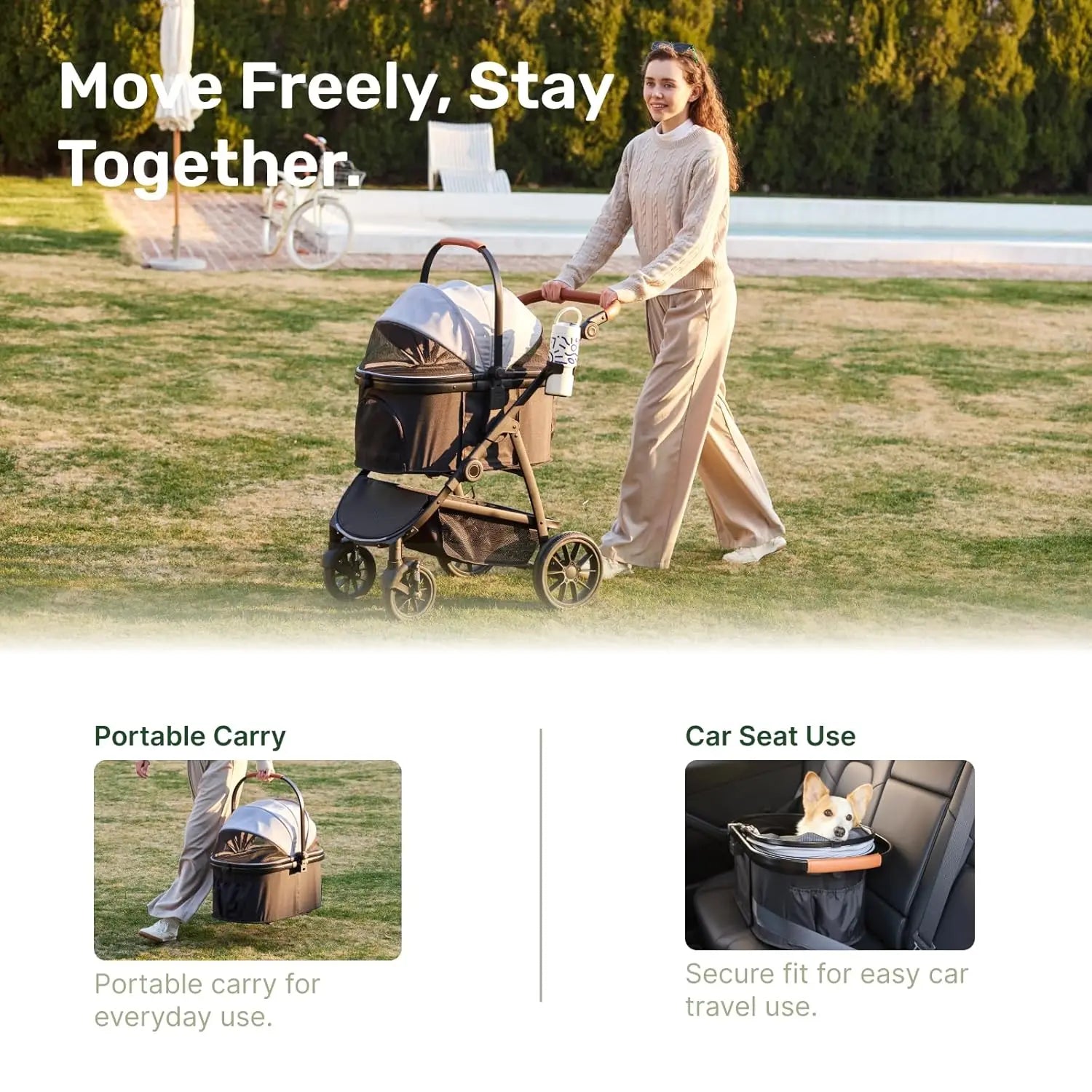 3-in-1 All-Terrain Pet Stroller with Detachable Aluminum Frame Carrier for Dogs & Cats
