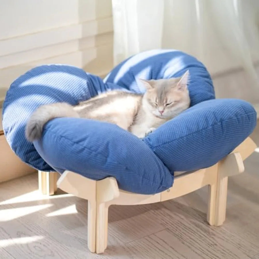 Elevated Wooden Cat Bed with Cushion for Cats & Small Dogs
