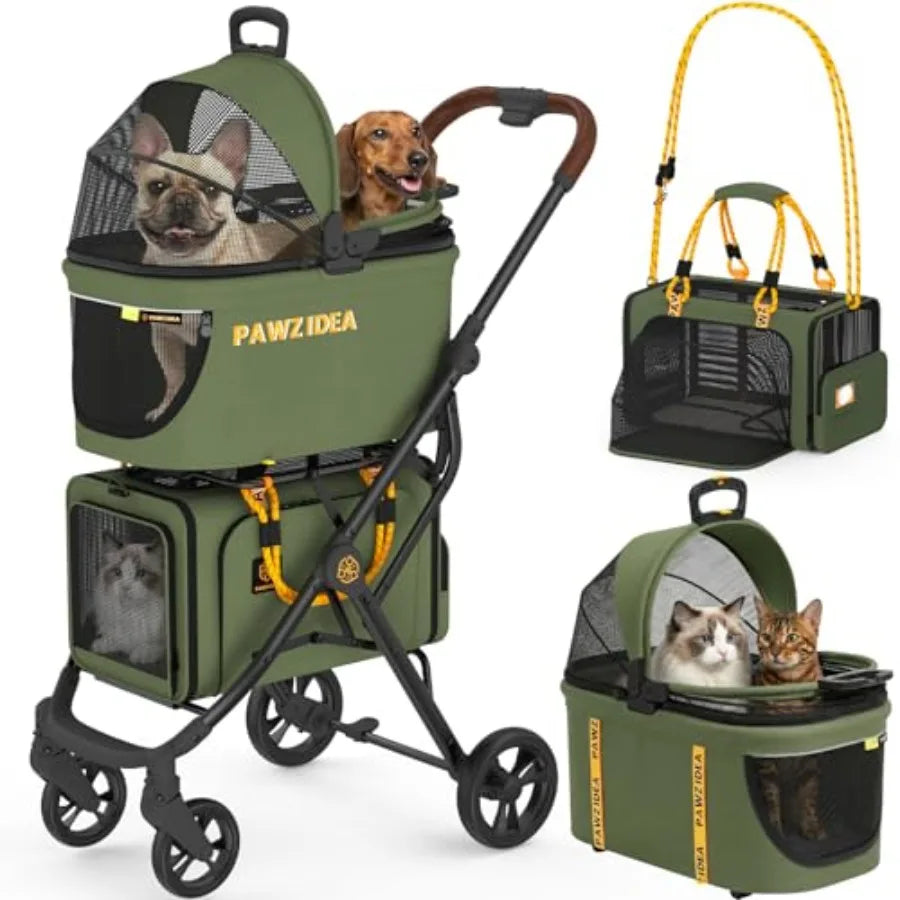 PAWZIDEA TSA-Approved Double Pet Stroller with 2 Detachable Carriers & Car Seat Combo