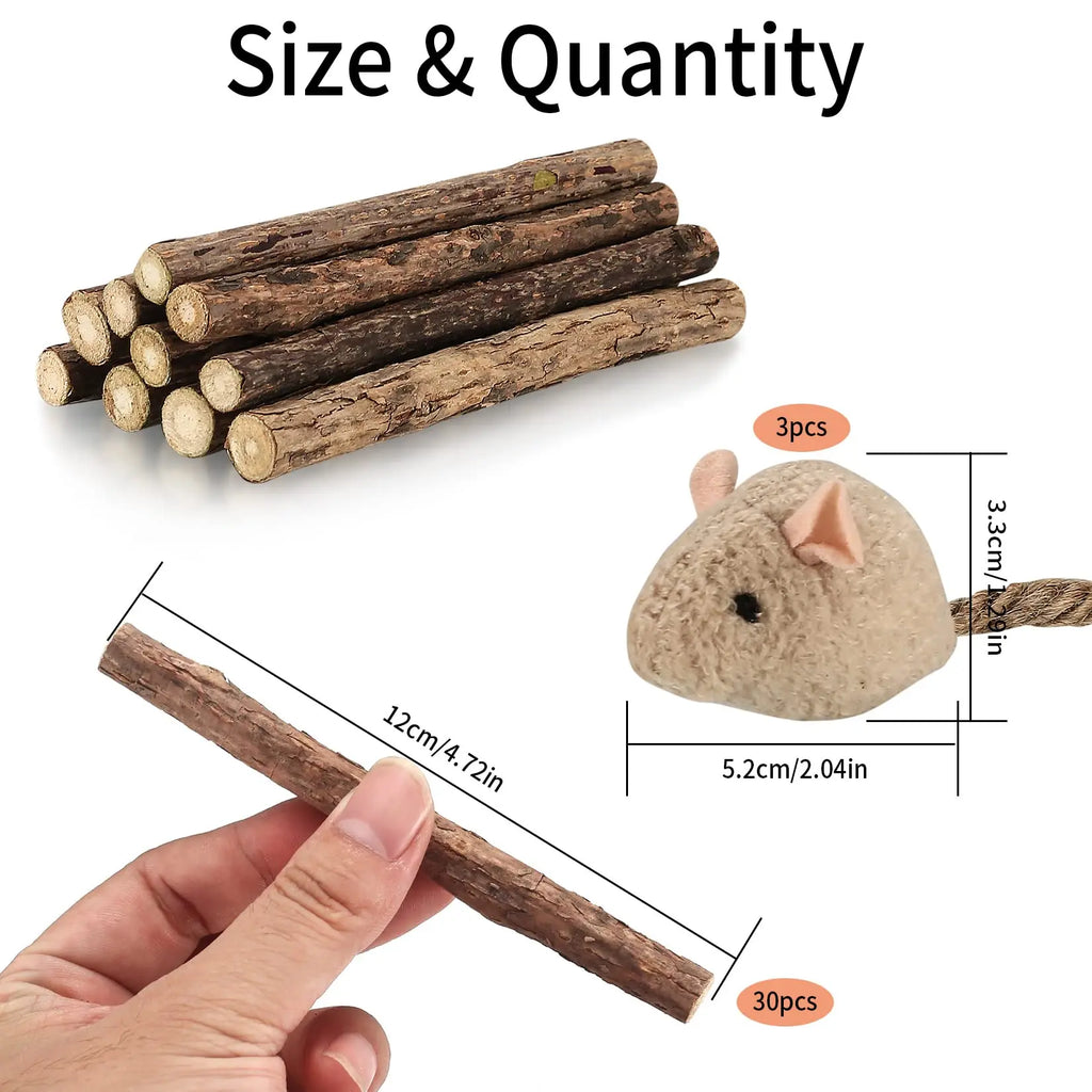 33-Pack Catnip & Silvervine Chew Sticks with 3 Bonus Mouse Toys — Natural Cat Dental Set