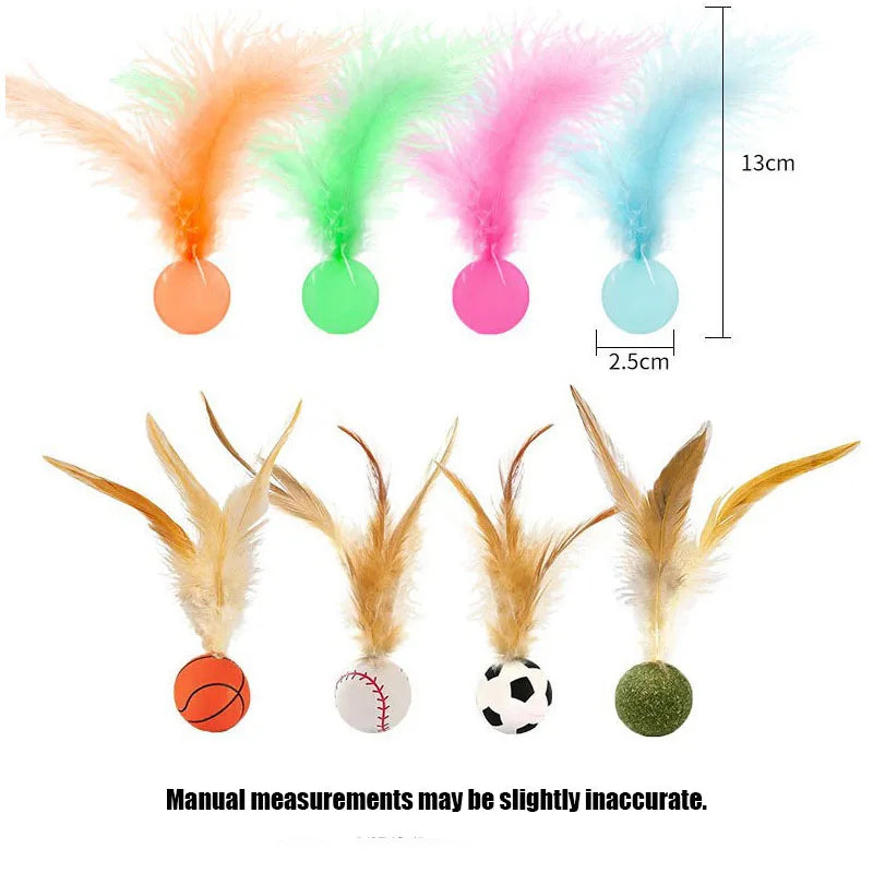 Feather Stick Bouncy Ball Cat Toy with Catnip — Feather Tossing Ball for Interactive Play