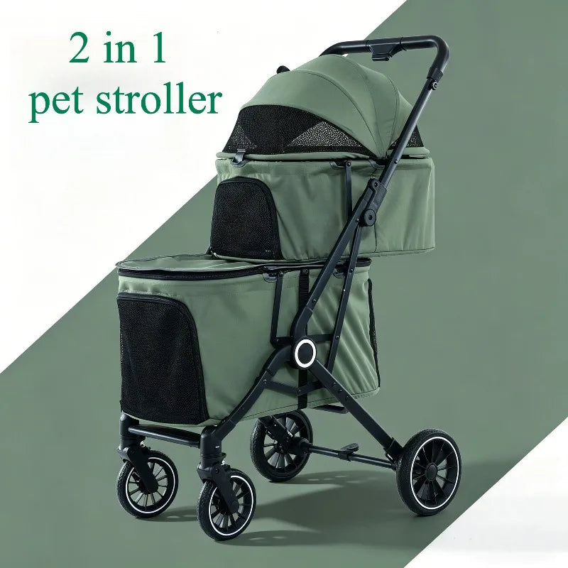 Foldable Double Pet Stroller for Medium Dogs & Cats — 4 Lockable Wheels, Safety Belts, Multi-Pet Carriage