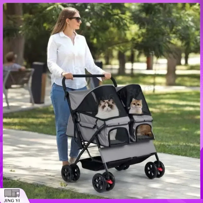 Foldable Double Pet Stroller with Adjustable Sunshade & Storage Basket