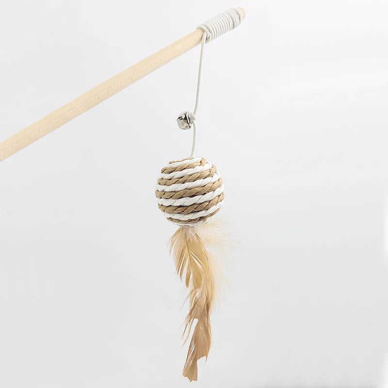 Feather Wand Cat Teaser with Wood Handle — Interactive Wand Toy