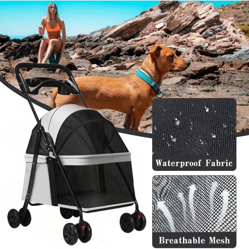 4-Wheel Foldable Pet Stroller Trolley with Cage & Cup Holder for Dogs & Cats — Outdoor Carrier