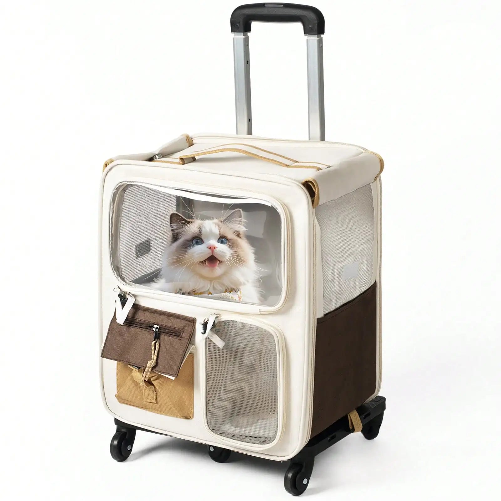 2-in-1 Rolling Cat Carrier with Wheels & Telescopic Handle — Clear Window Breathable Pet Travel Bag