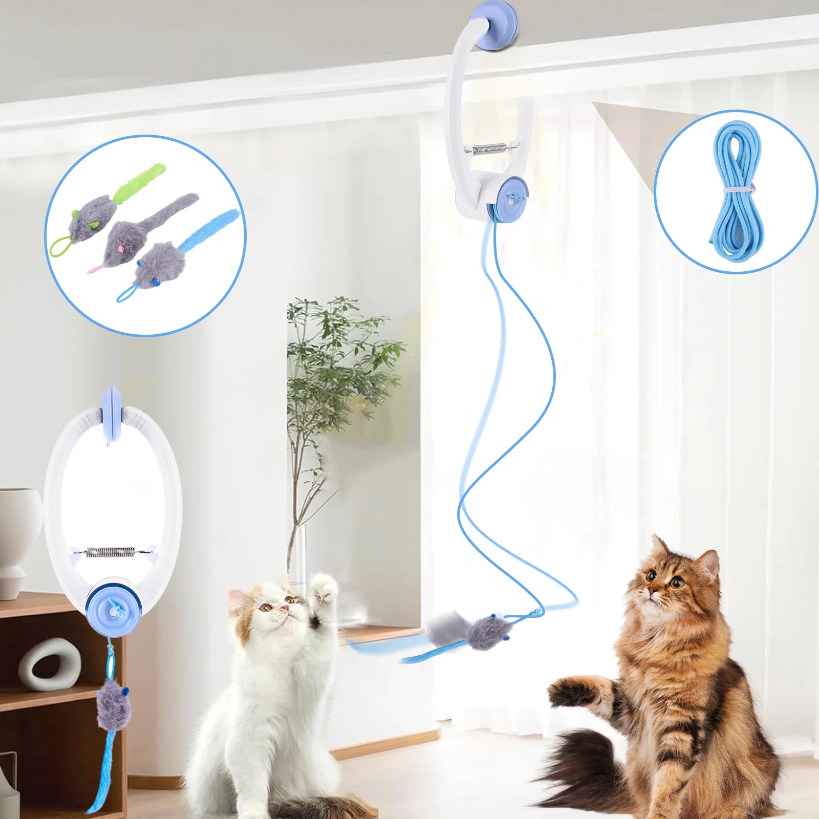 Door-Hanging Retractable Cat Teaser — 3 Catnip Mice, No Batteries