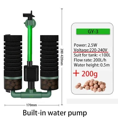 3-in-1 Submersible Aquarium Filter Pump (220V, Sponge + Bio + Chemical)