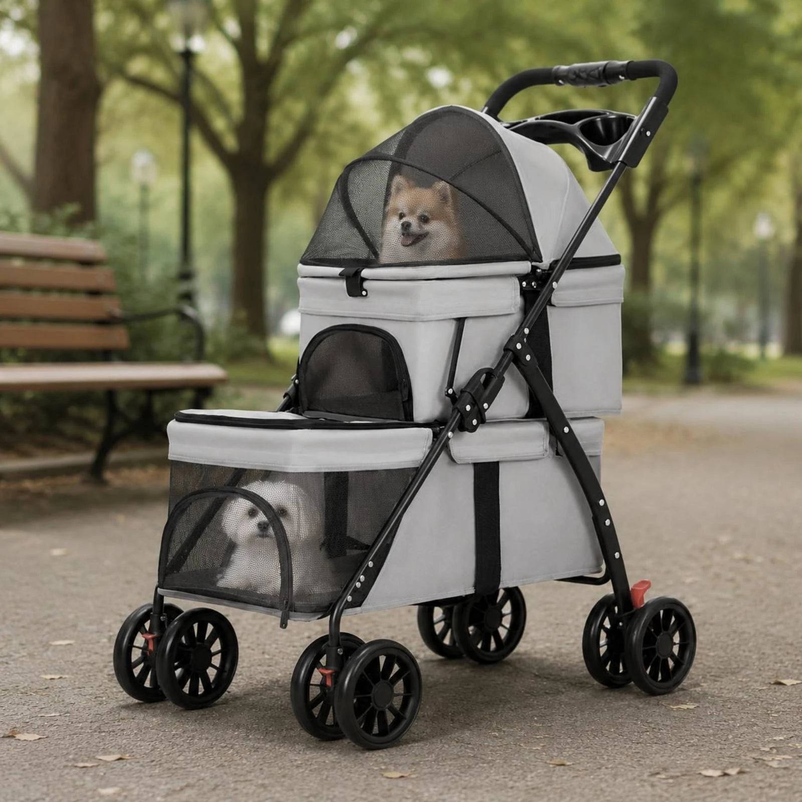 Double-Deck Pet Stroller with Lockable Wheels, Storage Pockets & Removable Liner